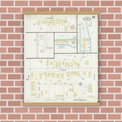 Old map wall art mockup — magnetic wood frame on brick wall — Sanborn Fire Insurance Map from Pensacola, Escambia County, Florida (1897), Sheet #0013