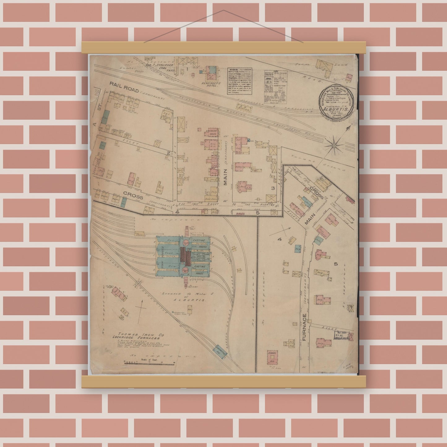 Old map wall art mockup — magnetic wood frame on brick wall — Sanborn Fire Insurance Map from Alburtis, Lehigh County, Pennsylvania (1885), Sheet #0001