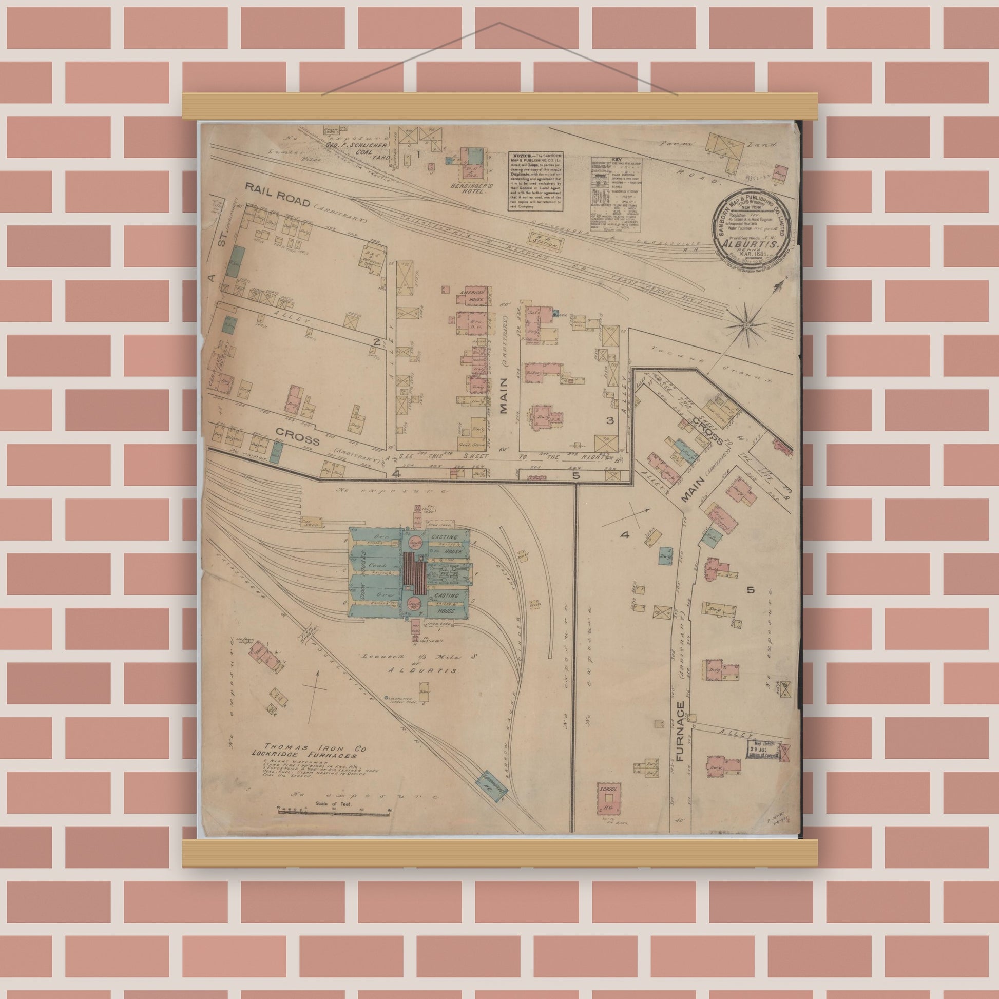 Old map wall art mockup — magnetic wood frame on brick wall — Sanborn Fire Insurance Map from Alburtis, Lehigh County, Pennsylvania (1885), Sheet #0001