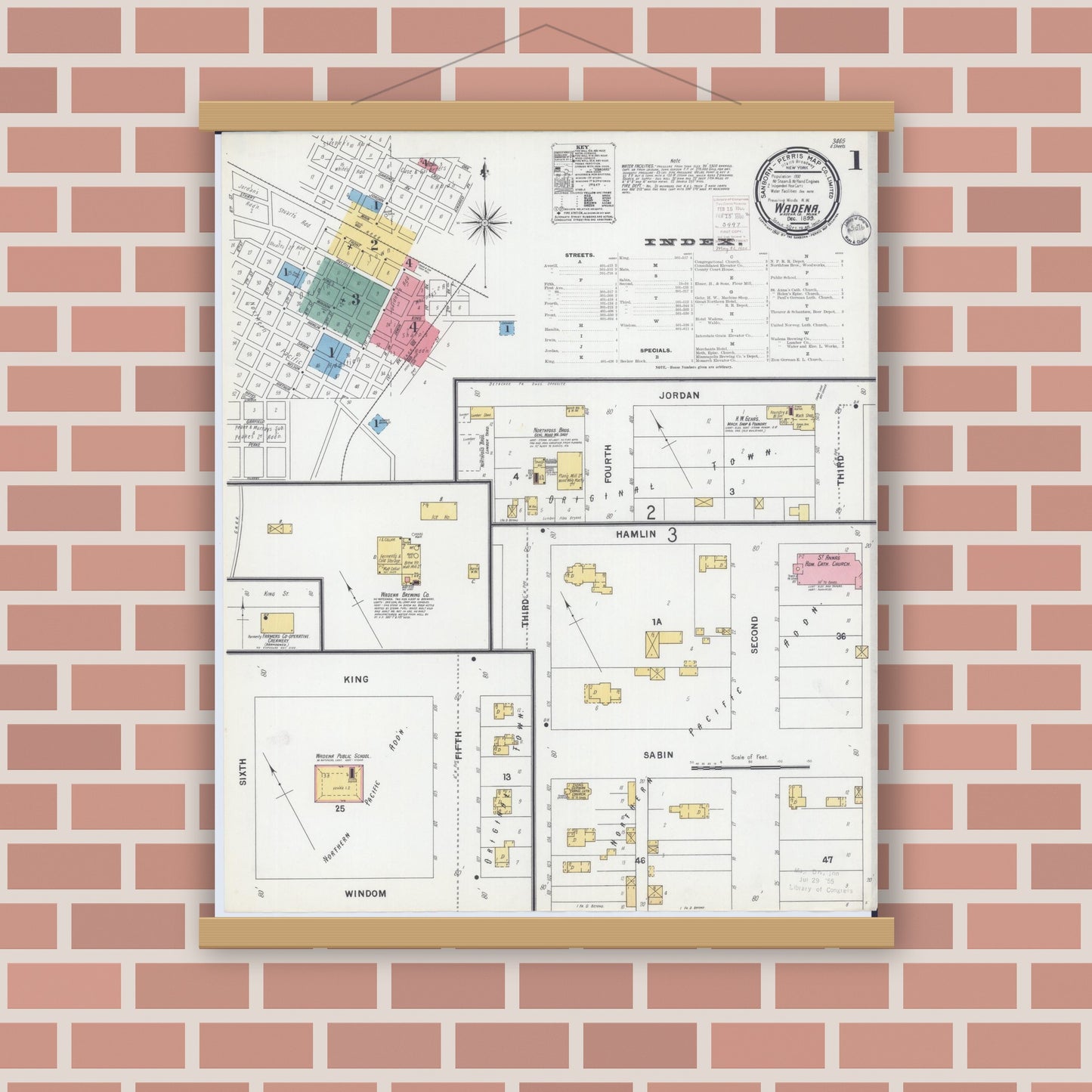 Old map wall art mockup — magnetic wood frame on brick wall — Sanborn Fire Insurance Map from Wadena, Wadena County, Minnesota (1899) - Complete Map Set