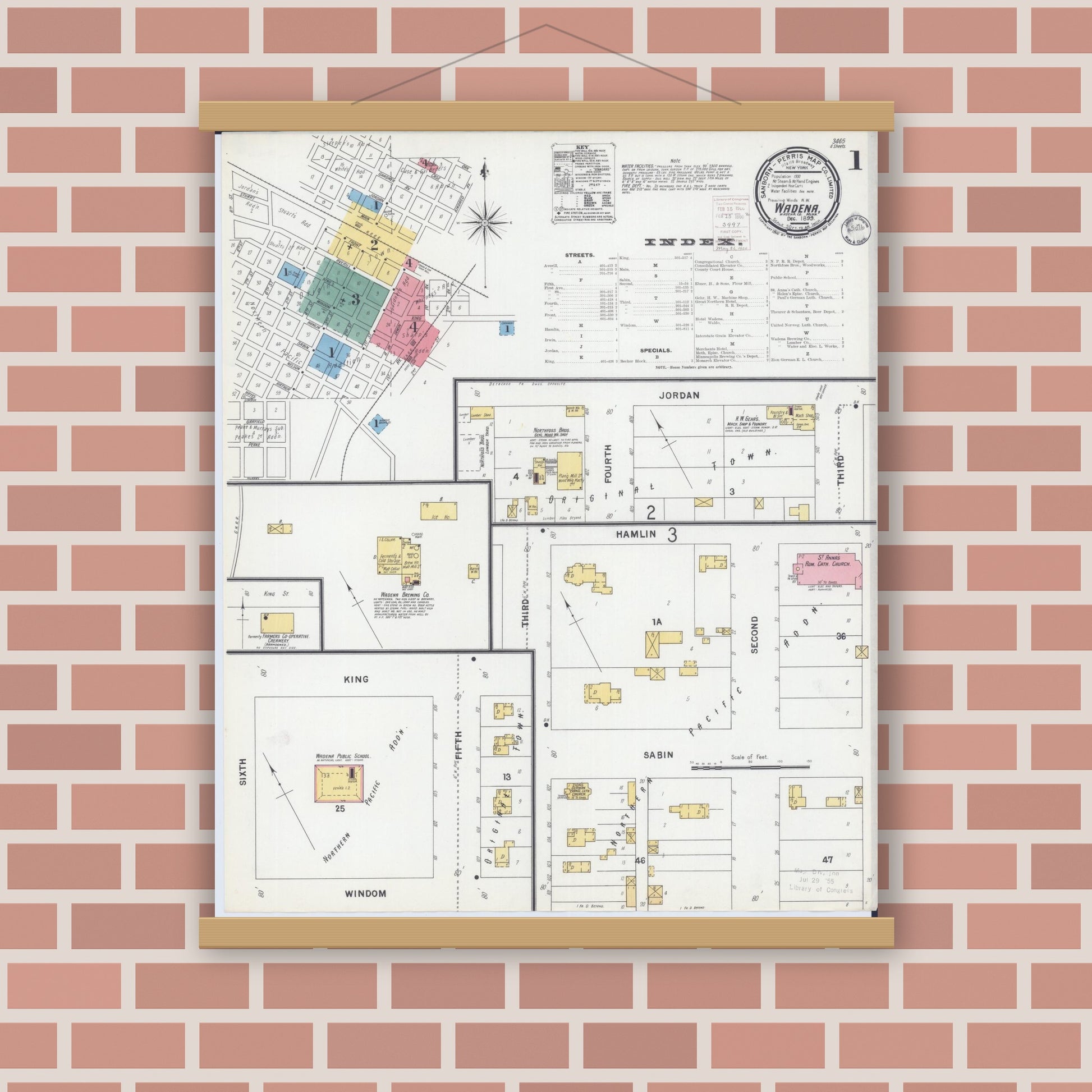 Old map wall art mockup — magnetic wood frame on brick wall — Sanborn Fire Insurance Map from Wadena, Wadena County, Minnesota (1899) - Complete Map Set