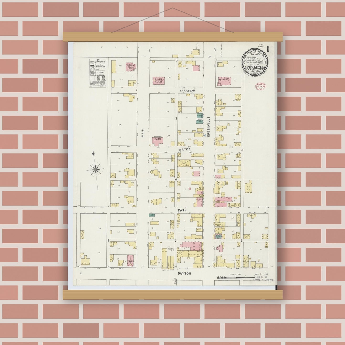 Old map wall art mockup — magnetic wood frame on brick wall — Sanborn Fire Insurance Map from Lewisburg, Preble County, Ohio (1895), Sheet #0001