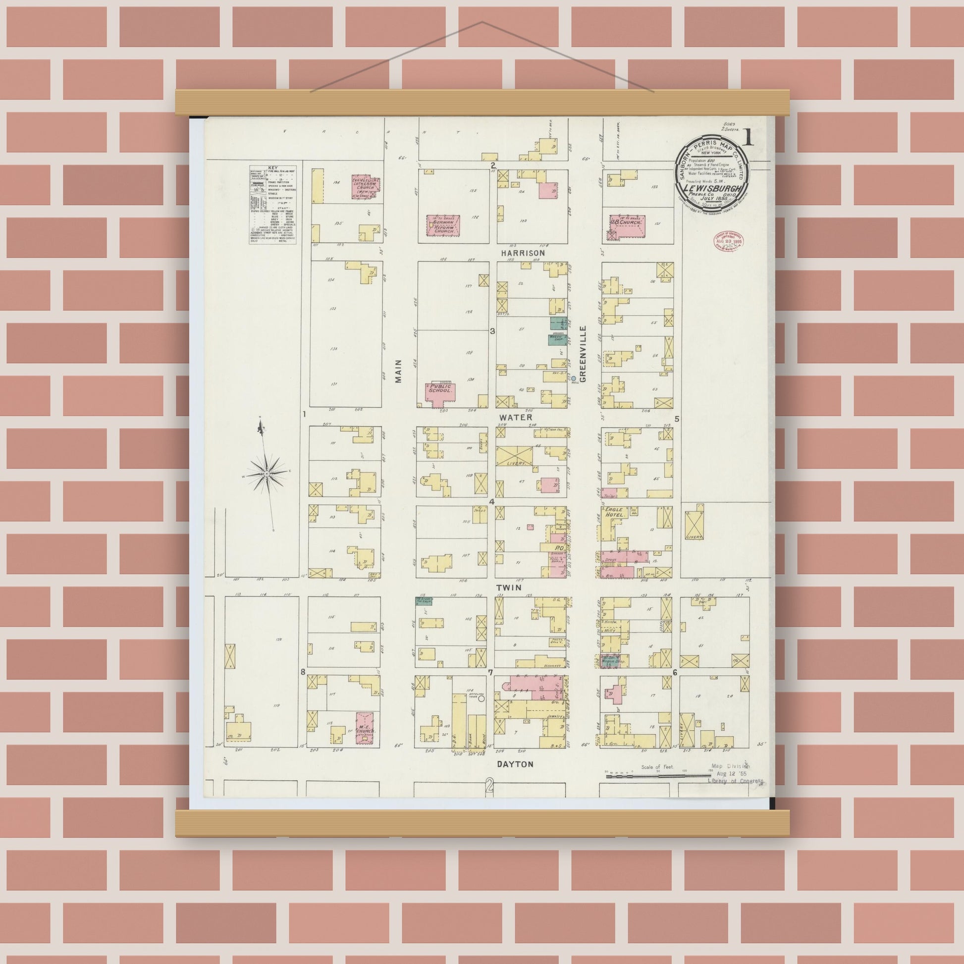 Old map wall art mockup — magnetic wood frame on brick wall — Sanborn Fire Insurance Map from Lewisburg, Preble County, Ohio (1895), Sheet #0001