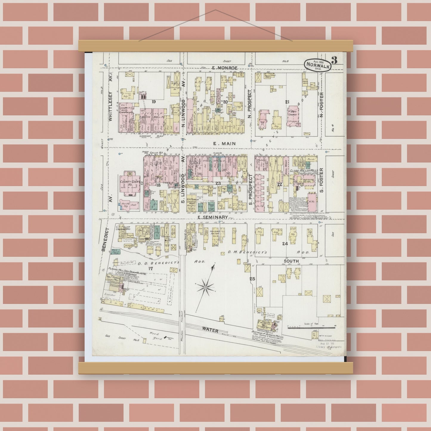 Old map wall art mockup — magnetic wood frame on brick wall — Sanborn Fire Insurance Map from Norwalk, Huron County, Ohio (1888), Sheet #0003
