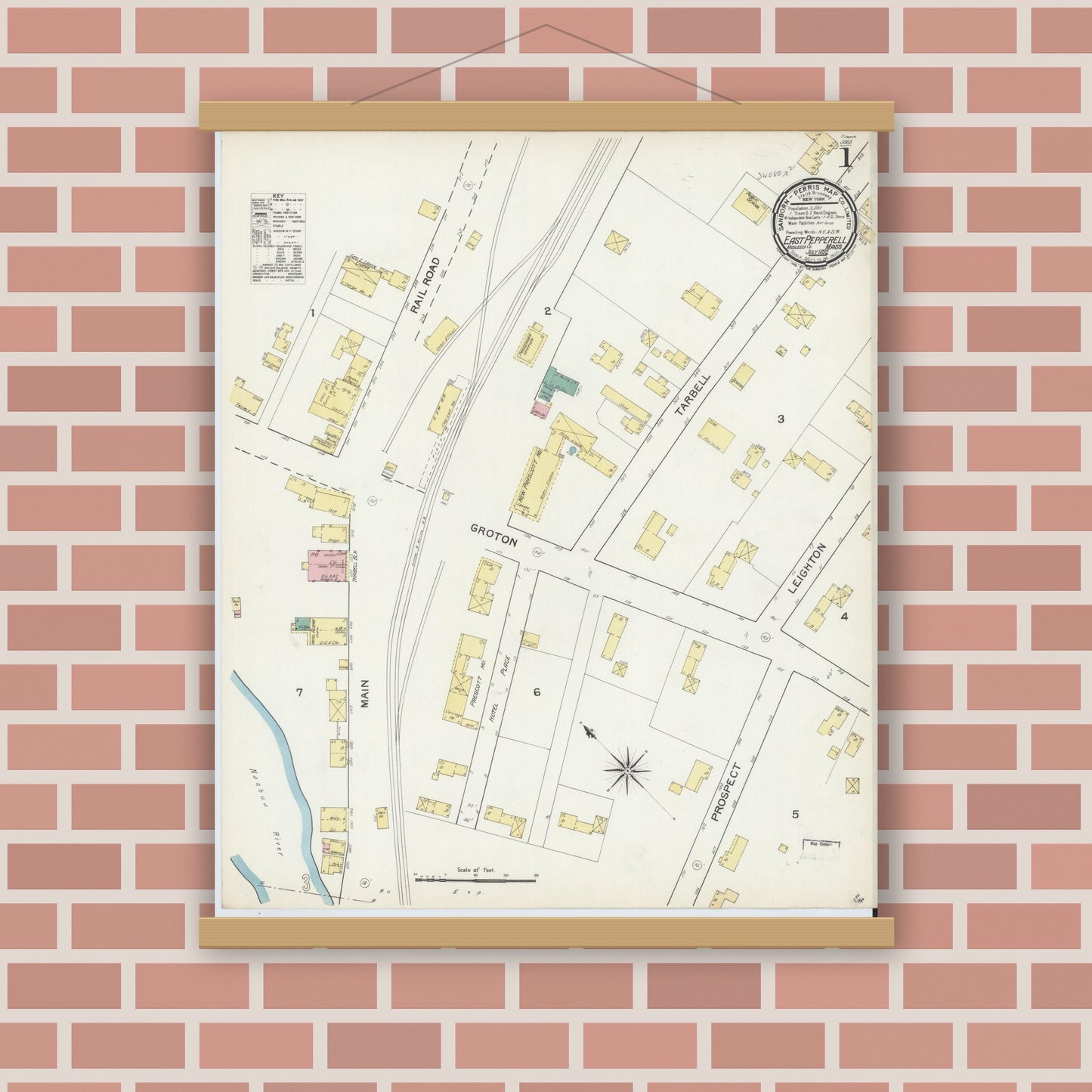 Old map wall art mockup — magnetic wood frame on brick wall — Sanborn Fire Insurance Map from East Pepperell, Middlesex County, Massachusetts (1892) - Complete Map Set