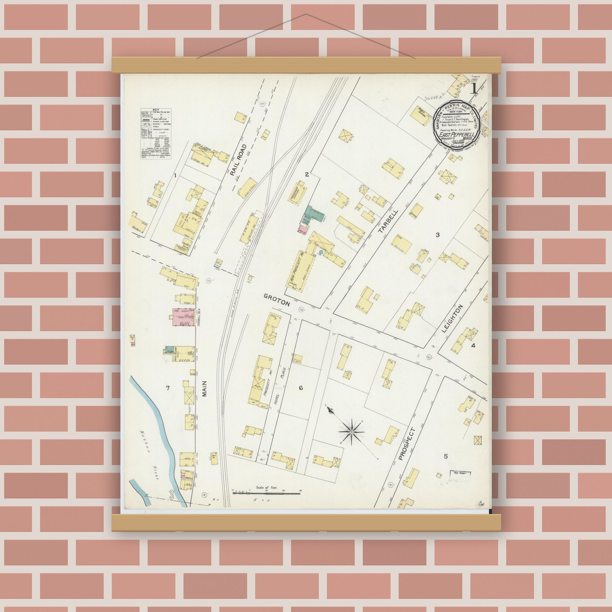 Old map wall art mockup — magnetic wood frame on brick wall — Sanborn Fire Insurance Map from East Pepperell, Middlesex County, Massachusetts (1892) - Complete Map Set