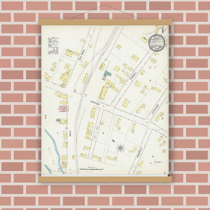 Old map wall art mockup — magnetic wood frame on brick wall — Sanborn Fire Insurance Map from East Pepperell, Middlesex County, Massachusetts (1892) - Complete Map Set