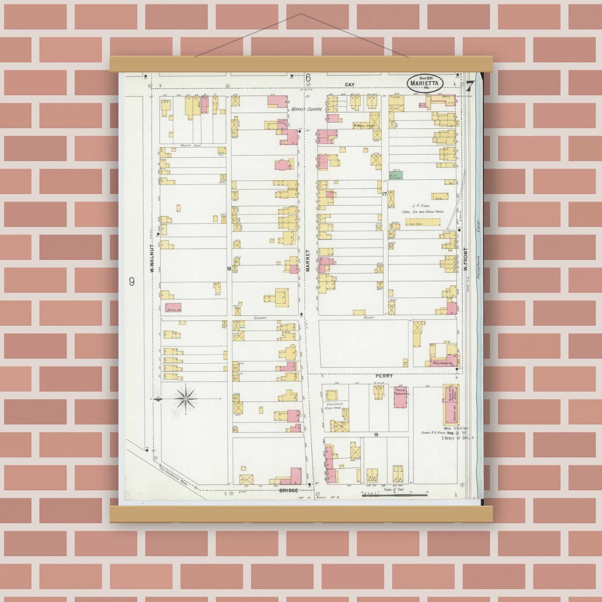 Old map wall art mockup — magnetic wood frame on brick wall — Sanborn Fire Insurance Map from Marietta, Lancaster County, Pennsylvania (1899), Sheet #0007