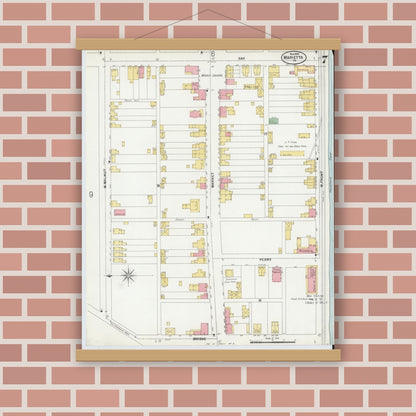 Old map wall art mockup — magnetic wood frame on brick wall — Sanborn Fire Insurance Map from Marietta, Lancaster County, Pennsylvania (1899), Sheet #0007