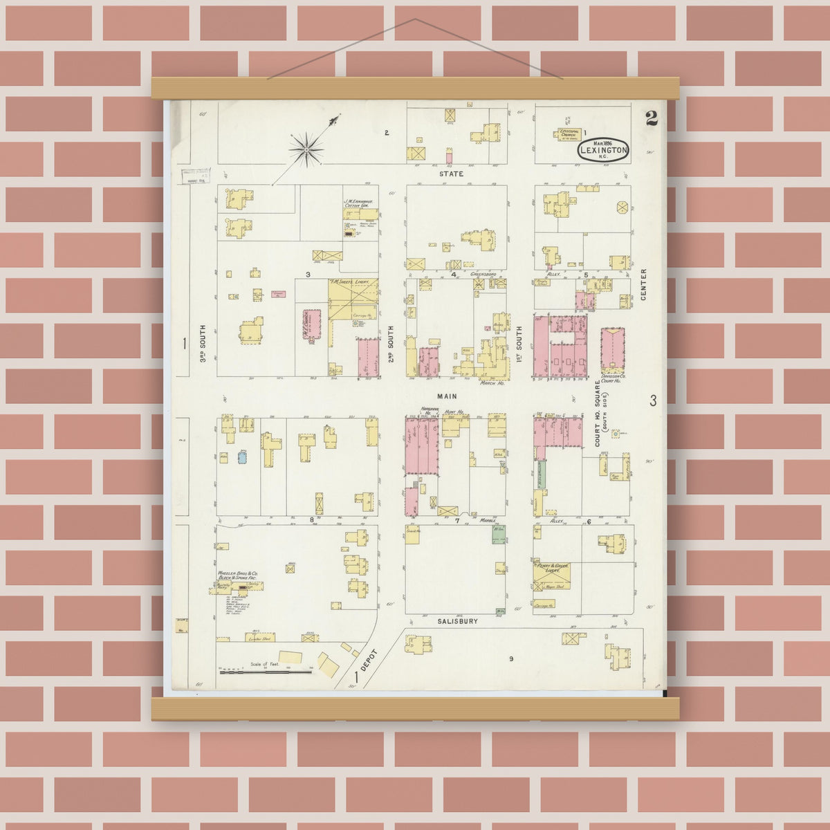 Old map wall art mockup — magnetic wood frame on brick wall — Sanborn Fire Insurance Map from Lexington, Davidson County, North Carolina (1896), Sheet #0002