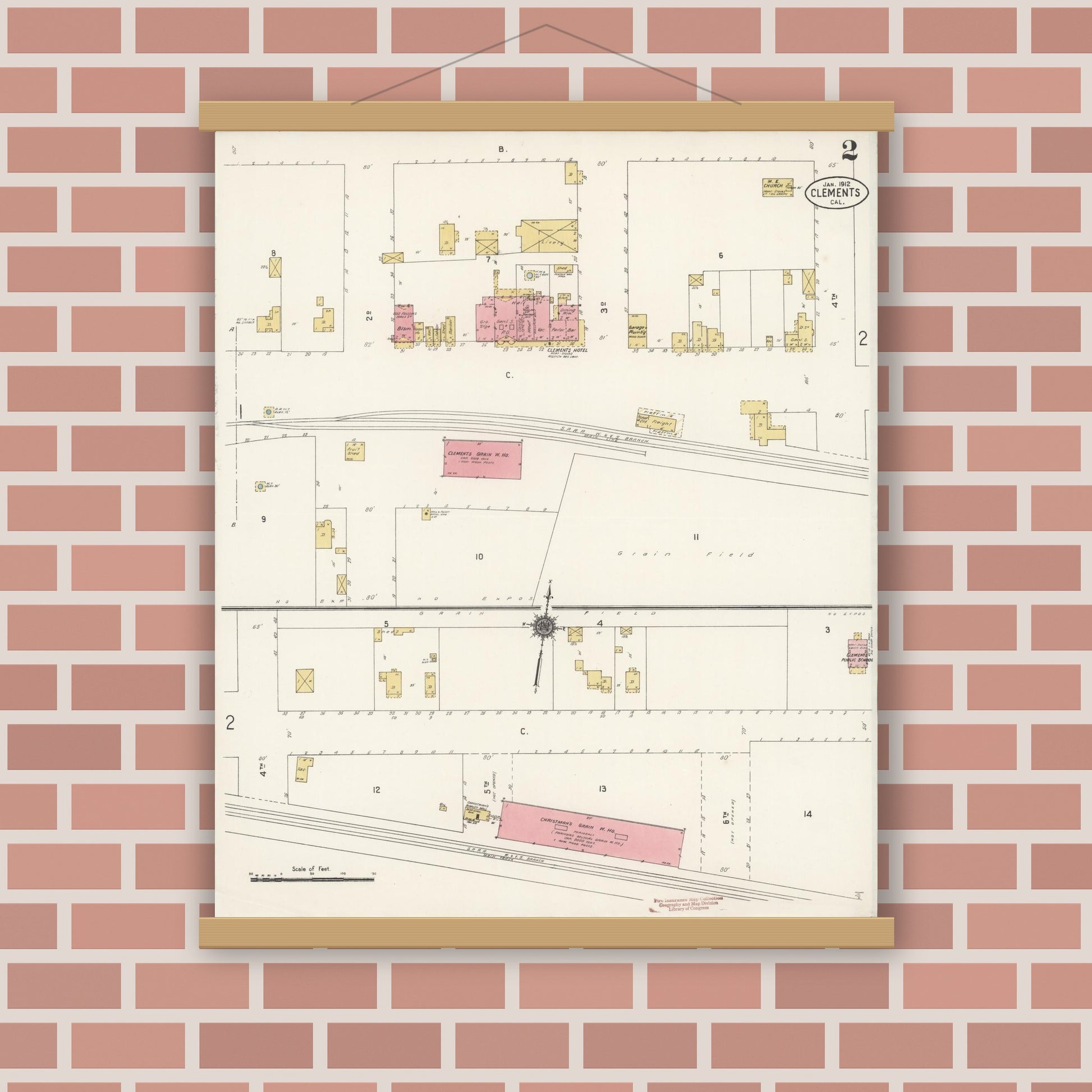 Old map wall art mockup — magnetic wood frame on brick wall — Sanborn Fire Insurance Map from Clements, San Joaquin County, California (1912), Sheet #0002
