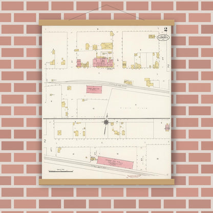 Old map wall art mockup — magnetic wood frame on brick wall — Sanborn Fire Insurance Map from Clements, San Joaquin County, California (1912), Sheet #0002