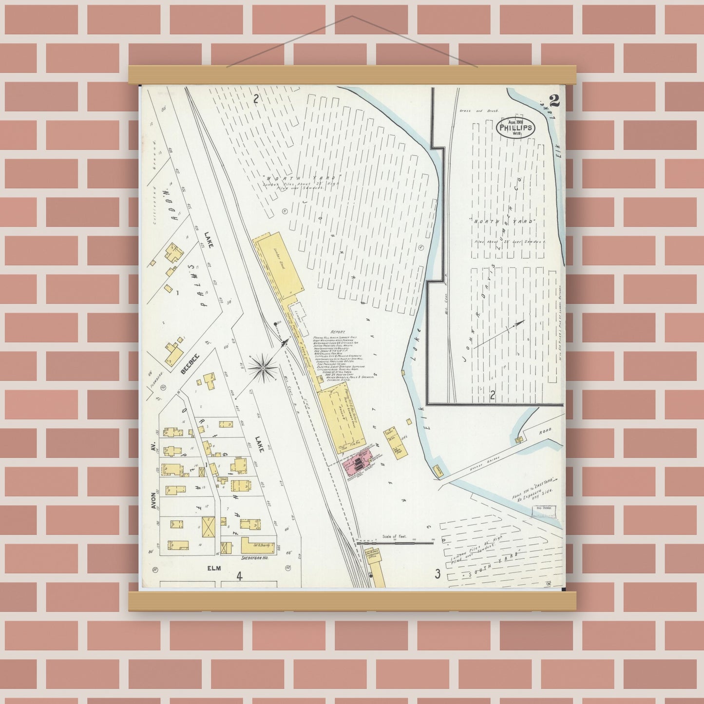 Old map wall art mockup — magnetic wood frame on brick wall — Sanborn Fire Insurance Map from Phillips, Price County, Wisconsin (1901), Sheet #0002