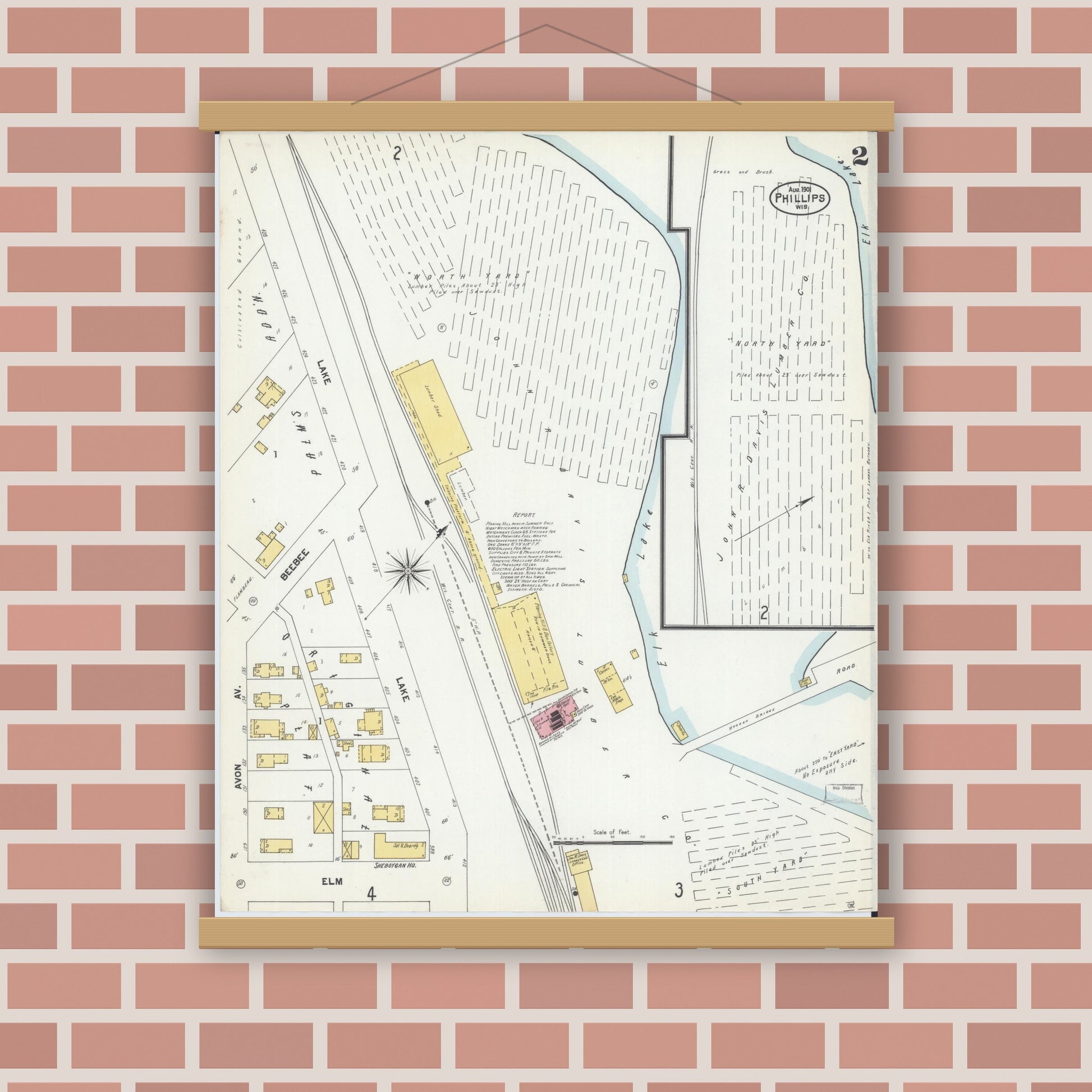 Old map wall art mockup — magnetic wood frame on brick wall — Sanborn Fire Insurance Map from Phillips, Price County, Wisconsin (1901), Sheet #0002