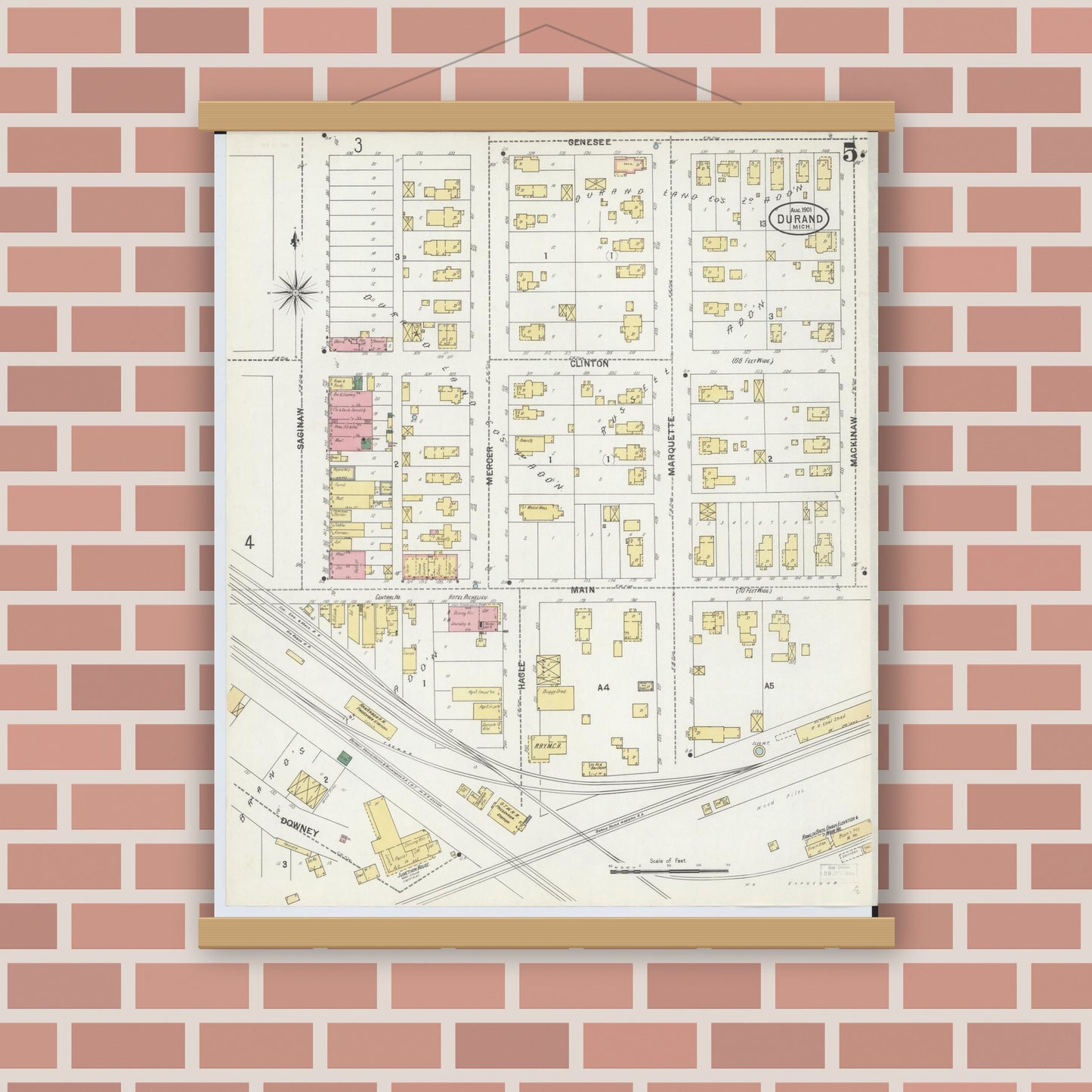 Old map wall art mockup — magnetic wood frame on brick wall — Sanborn Fire Insurance Map from Durand, Shiawassee County, Michigan (1901), Sheet #0005