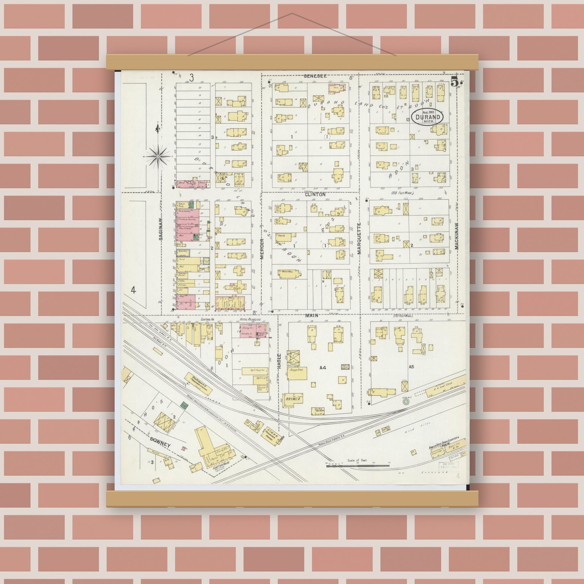 Old map wall art mockup — magnetic wood frame on brick wall — Sanborn Fire Insurance Map from Durand, Shiawassee County, Michigan (1901), Sheet #0005