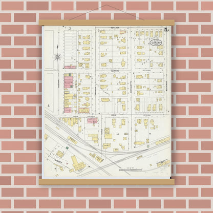Old map wall art mockup — magnetic wood frame on brick wall — Sanborn Fire Insurance Map from Durand, Shiawassee County, Michigan (1901), Sheet #0005