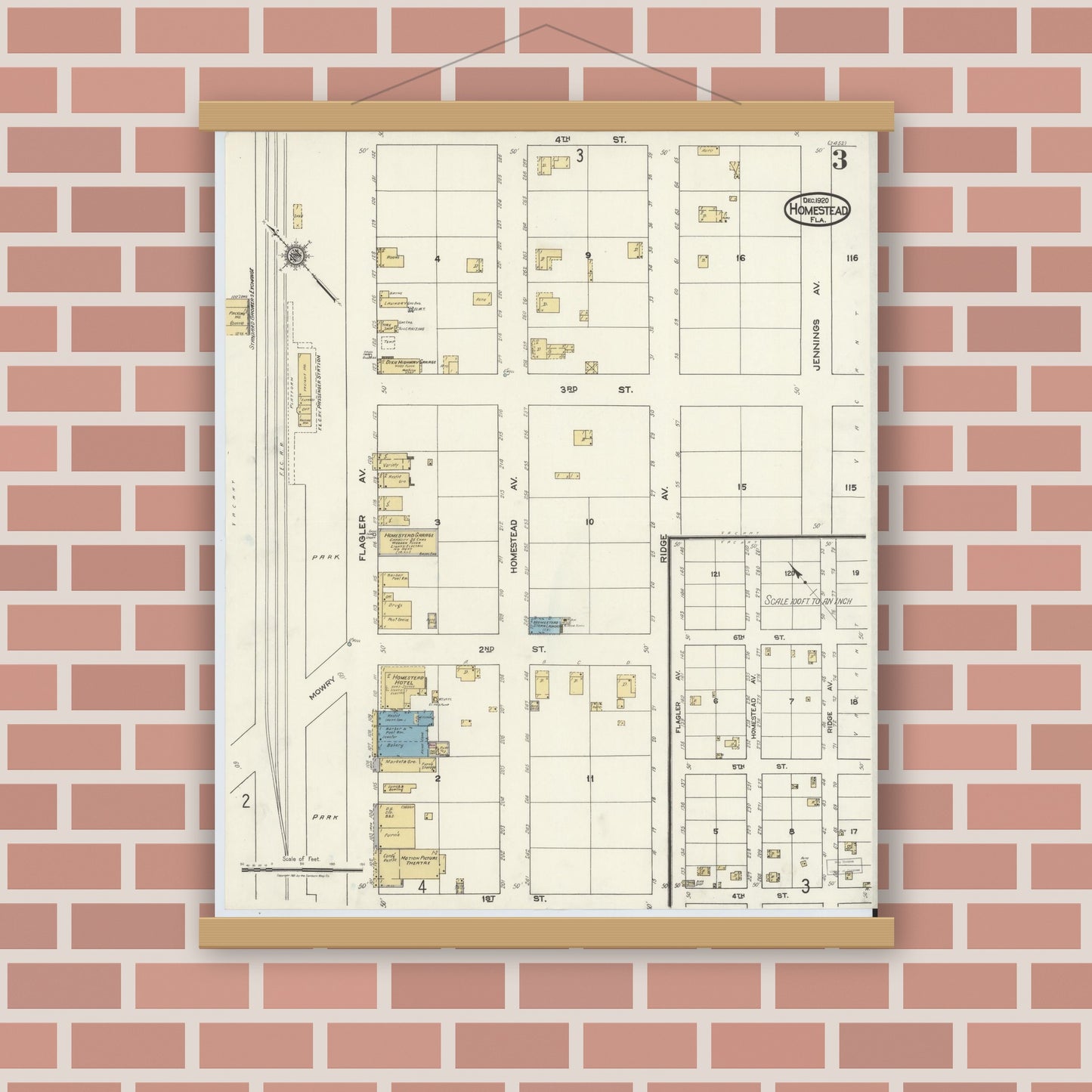 Old map wall art mockup — magnetic wood frame on brick wall — Sanborn Fire Insurance Map from Holmestead, Dade County, Florida (1920), Sheet #0003
