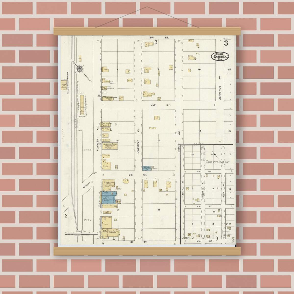 Old map wall art mockup — magnetic wood frame on brick wall — Sanborn Fire Insurance Map from Holmestead, Dade County, Florida (1920), Sheet #0003
