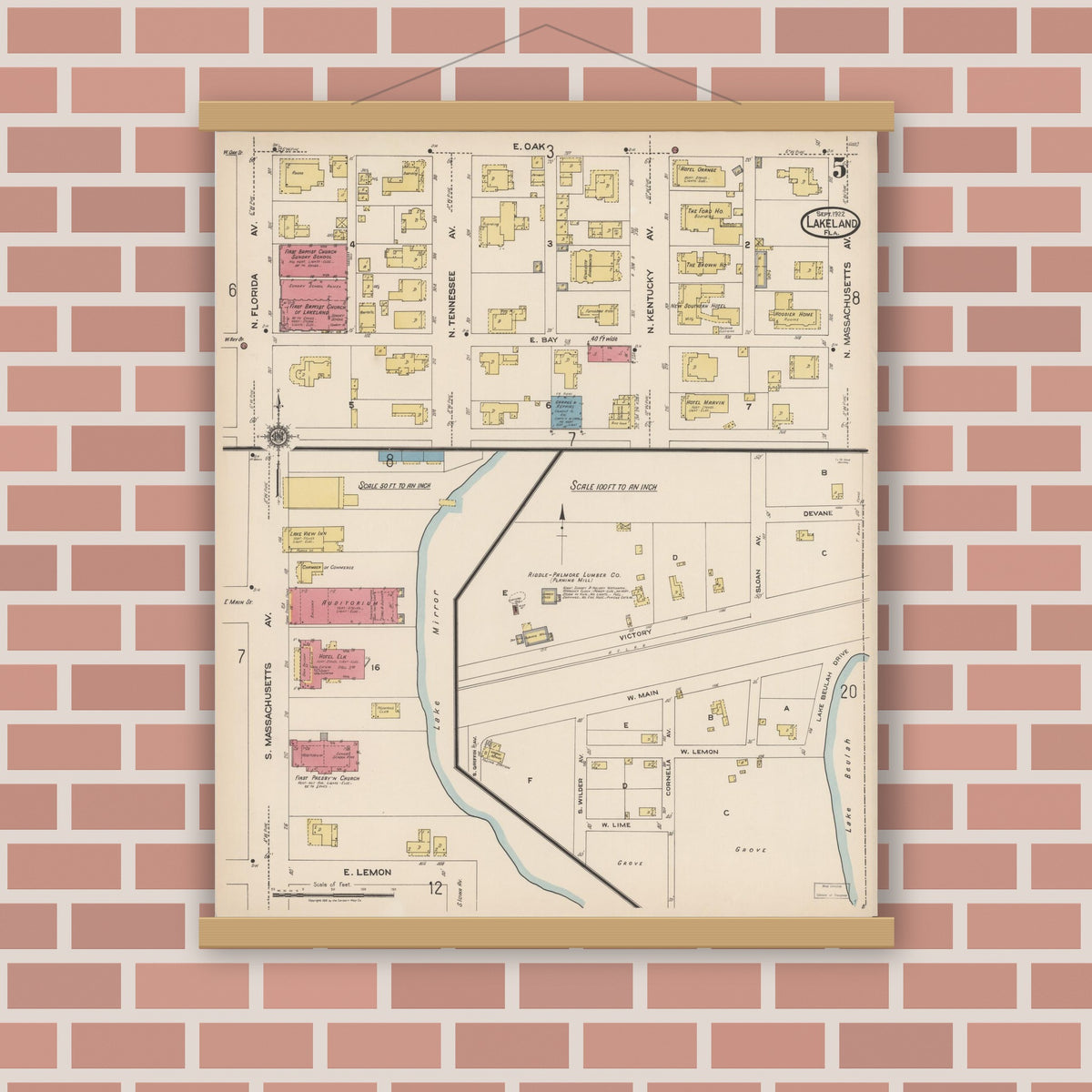 Old map wall art mockup — magnetic wood frame on brick wall — Sanborn Fire Insurance Map from Lakeland, Polk County, Florida (1922), Sheet #0005