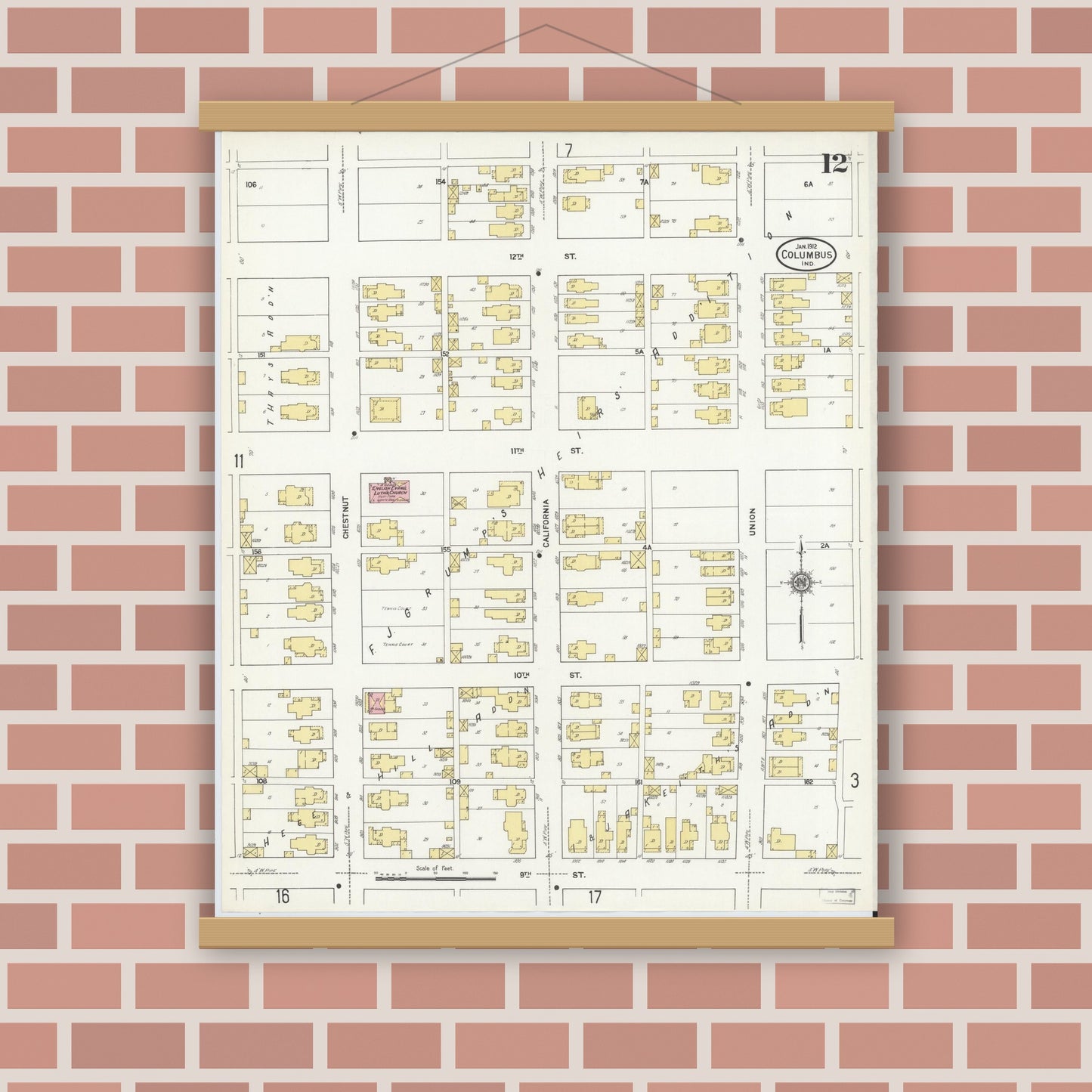 Old map wall art mockup — magnetic wood frame on brick wall — Sanborn Fire Insurance Map from Columbus, Bartholomew County, Indiana (1912), Sheet #0012