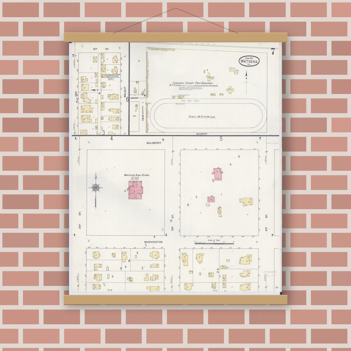 Old map wall art mockup — magnetic wood frame on brick wall — Sanborn Fire Insurance Map from Watseka, Iroquois County, Illinois (1911), Sheet #0007