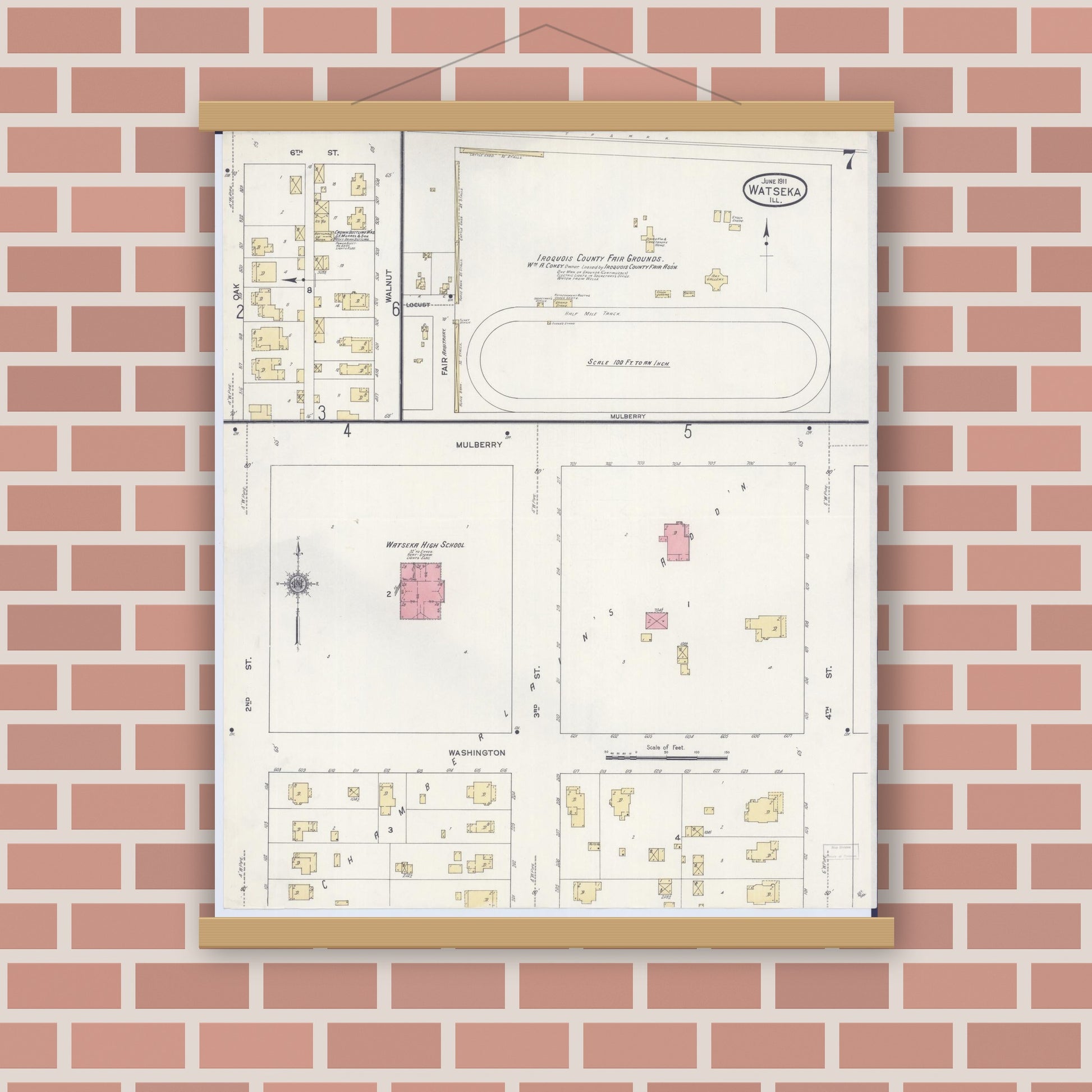 Old map wall art mockup — magnetic wood frame on brick wall — Sanborn Fire Insurance Map from Watseka, Iroquois County, Illinois (1911), Sheet #0007