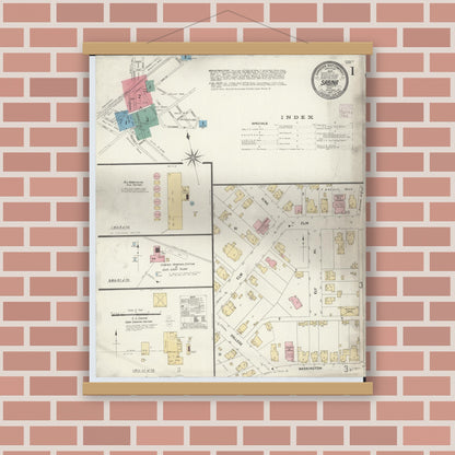 Old map wall art mockup — magnetic wood frame on brick wall — Sanborn Fire Insurance Map from Sabina, Clinton County, Ohio (1907) - Complete Map Set