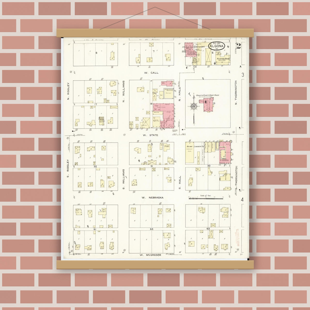 Old map wall art mockup — magnetic wood frame on brick wall — Sanborn Fire Insurance Map from Algona, Kossuth County, Iowa (1913), Sheet #0002