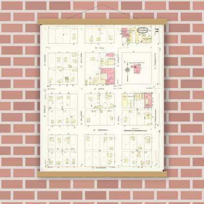 Old map wall art mockup — magnetic wood frame on brick wall — Sanborn Fire Insurance Map from Algona, Kossuth County, Iowa (1913), Sheet #0002