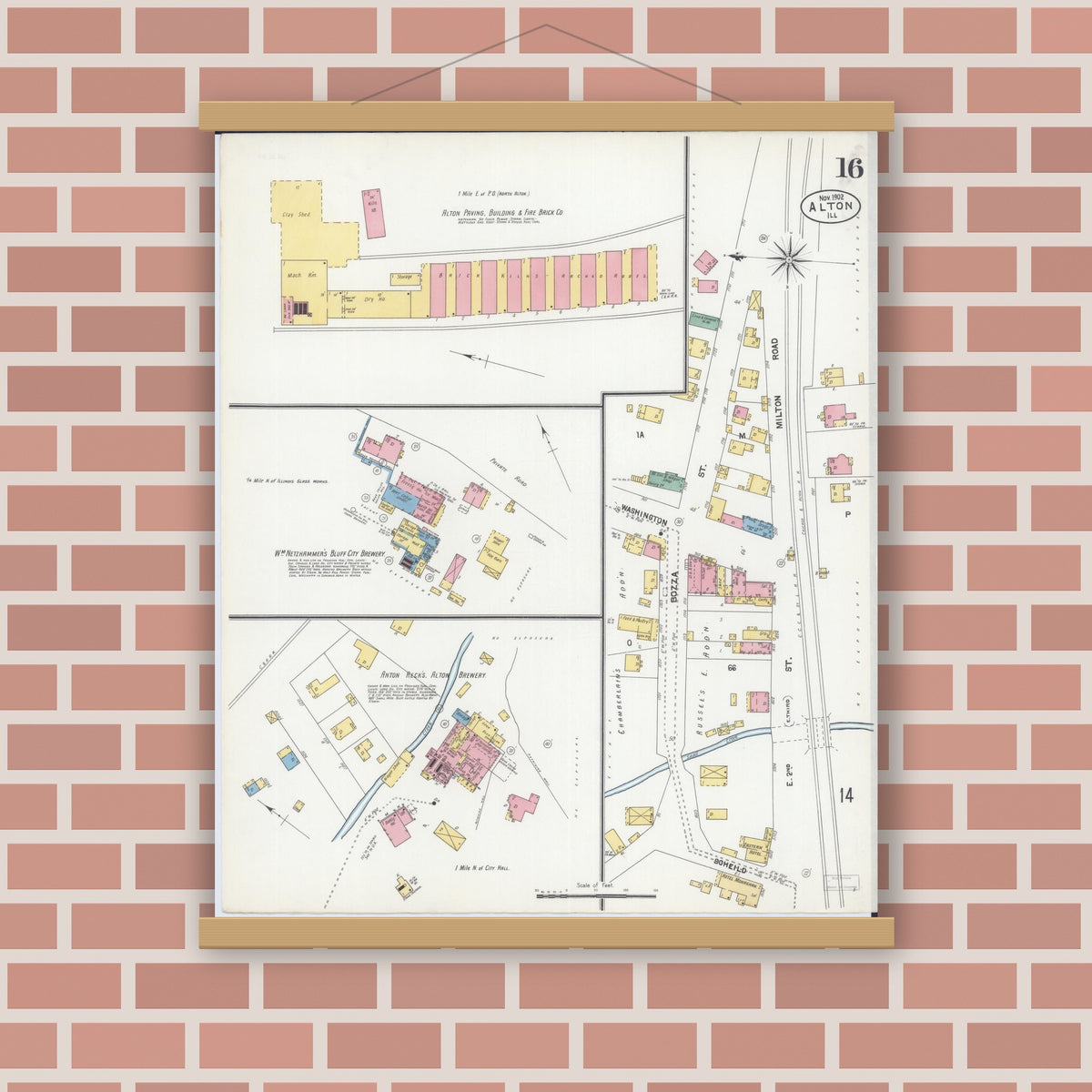 Old map wall art mockup — magnetic wood frame on brick wall — Sanborn Fire Insurance Map from Alton, Madison County, Illinois (1902), Sheet #0016