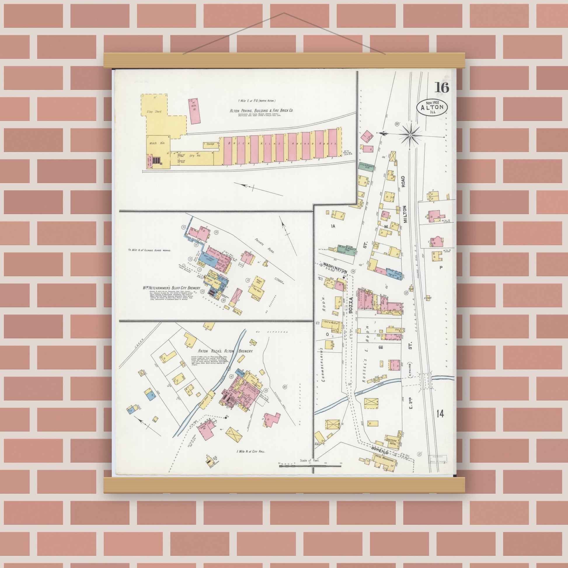 Old map wall art mockup — magnetic wood frame on brick wall — Sanborn Fire Insurance Map from Alton, Madison County, Illinois (1902), Sheet #0016