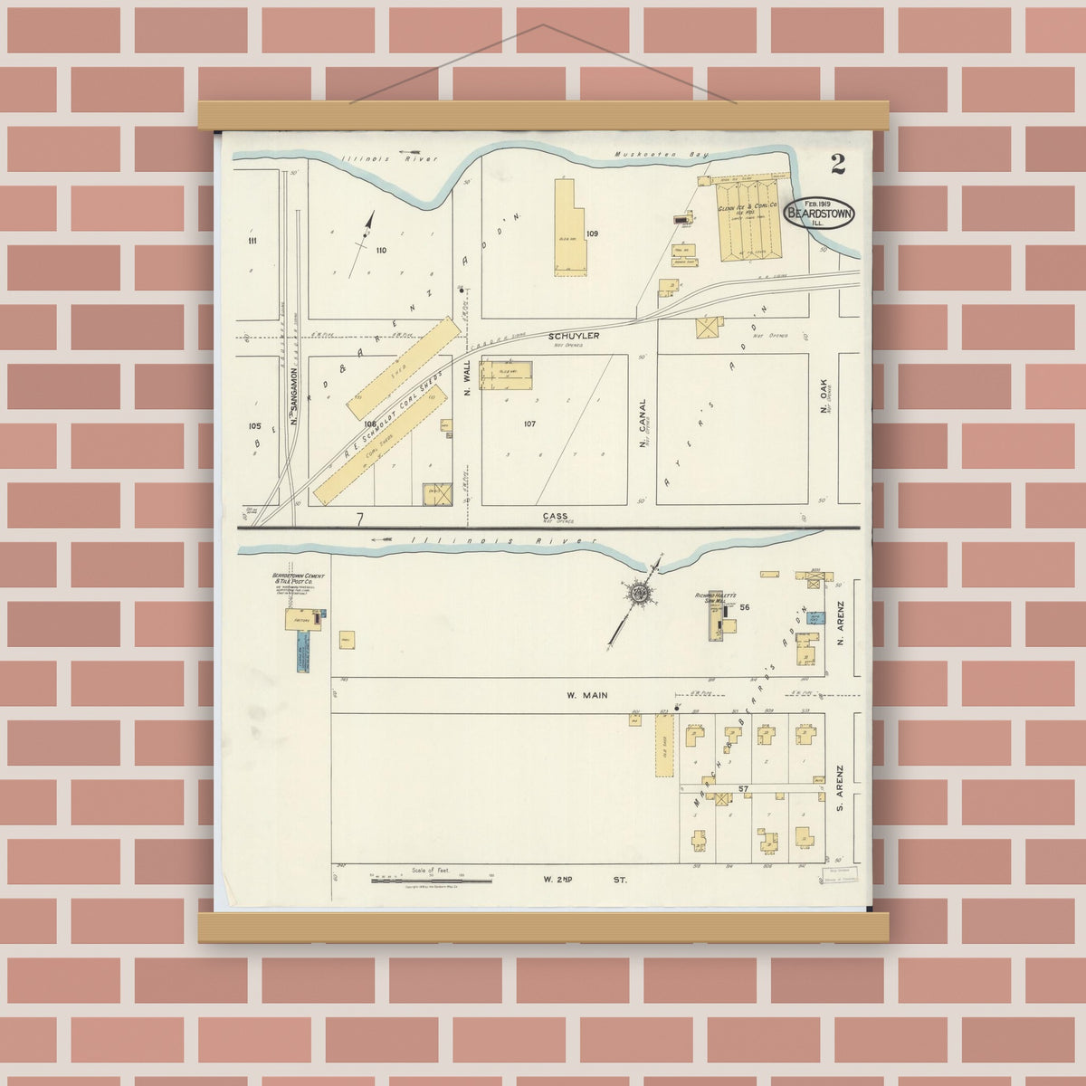 Old map wall art mockup — magnetic wood frame on brick wall — Sanborn Fire Insurance Map from Beardstown, Cass County, Illinois (1919), Sheet #0002