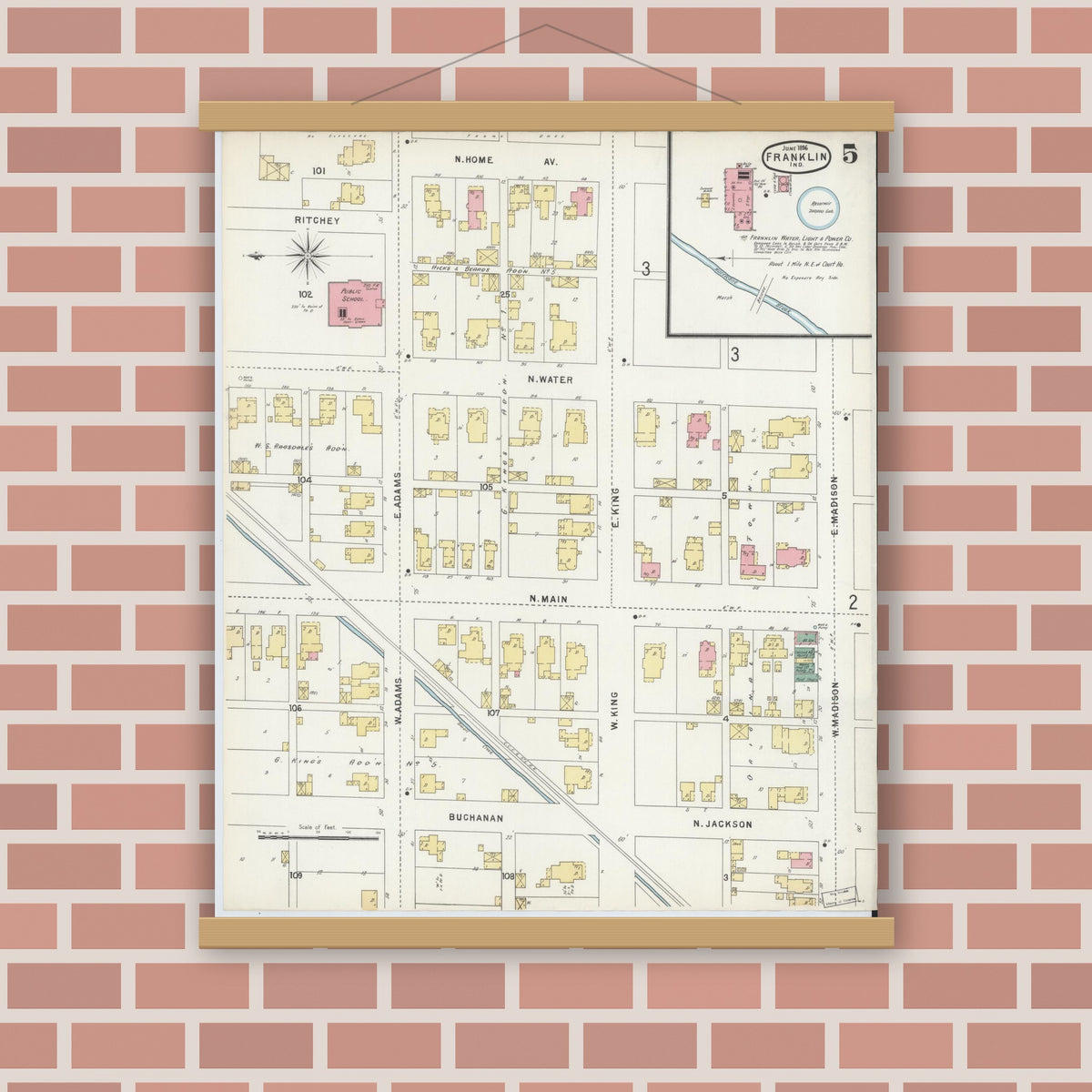 Old map wall art mockup — magnetic wood frame on brick wall — Sanborn Fire Insurance Map from Franklin, Johnson County, Indiana (1896), Sheet #0005
