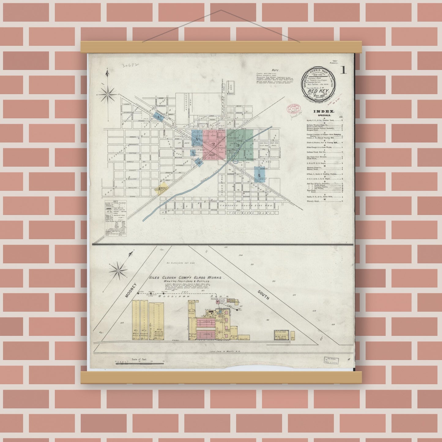 Old map wall art mockup — magnetic wood frame on brick wall — Sanborn Fire Insurance Map from Redkey, Jay County, Indiana (1895) - Complete Map Set