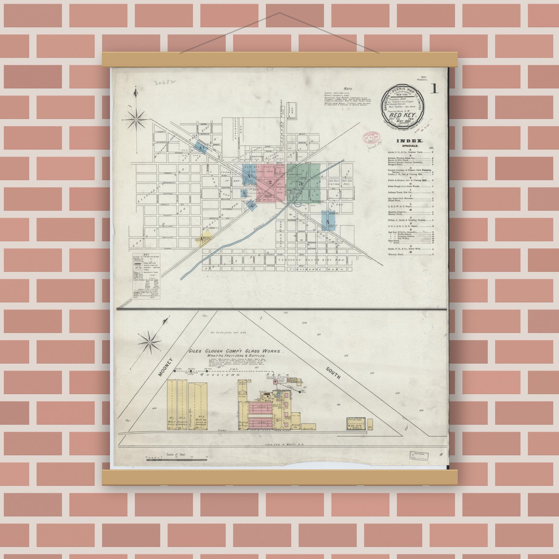 Old map wall art mockup — magnetic wood frame on brick wall — Sanborn Fire Insurance Map from Redkey, Jay County, Indiana (1895) - Complete Map Set