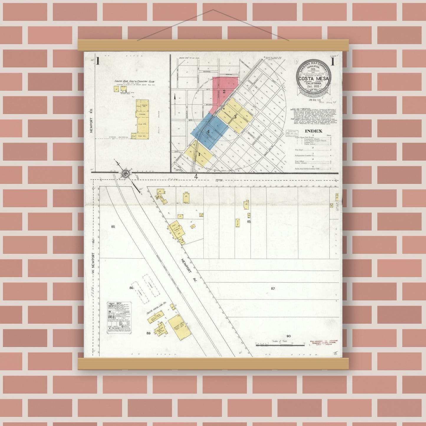 Old map wall art mockup — magnetic wood frame on brick wall — Sanborn Fire Insurance Map from Costa Mesa, Orange County, California (1928) - Complete Map Set