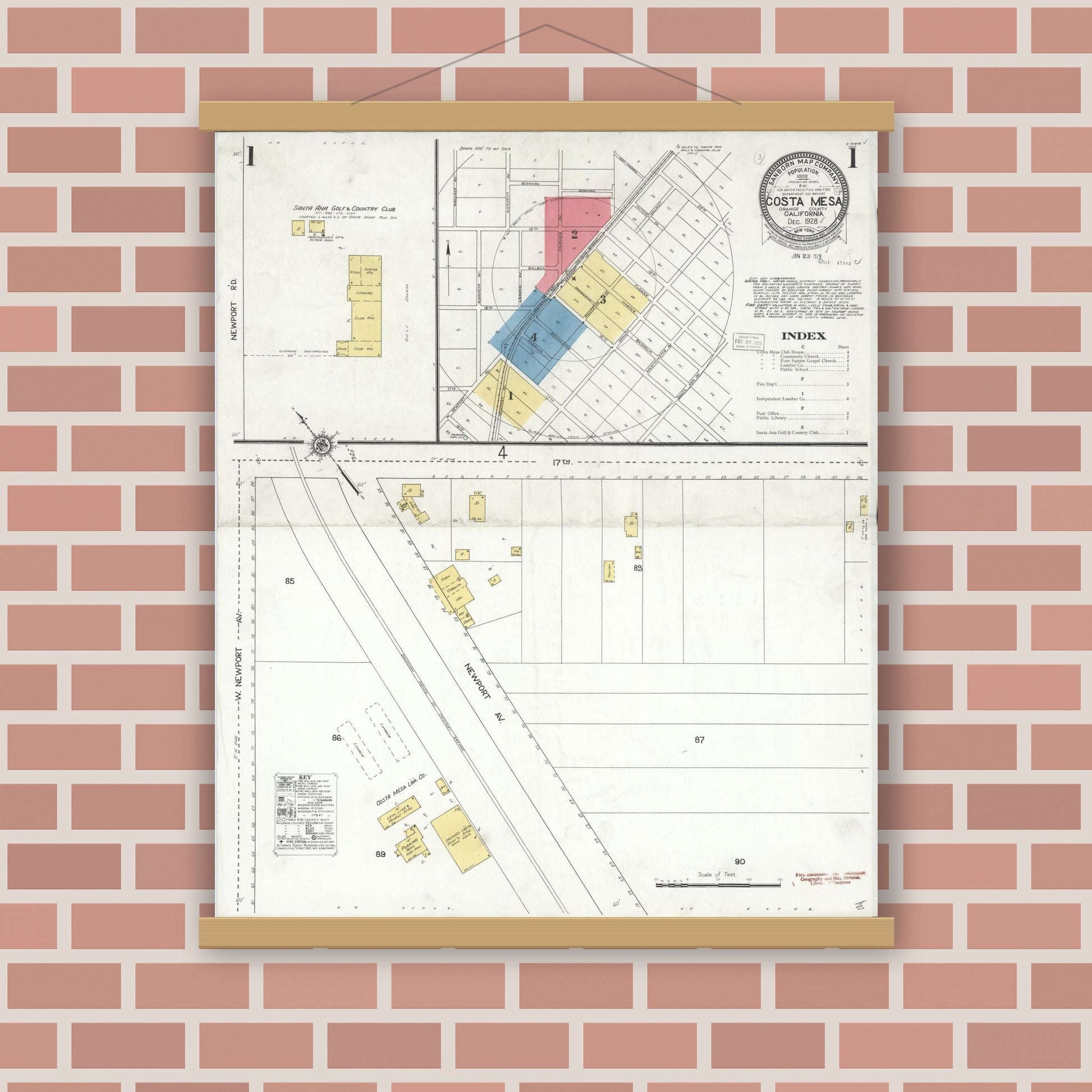 Old map wall art mockup — magnetic wood frame on brick wall — Sanborn Fire Insurance Map from Costa Mesa, Orange County, California (1928) - Complete Map Set