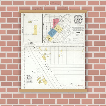 Old map wall art mockup — magnetic wood frame on brick wall — Sanborn Fire Insurance Map from Costa Mesa, Orange County, California (1928) - Complete Map Set