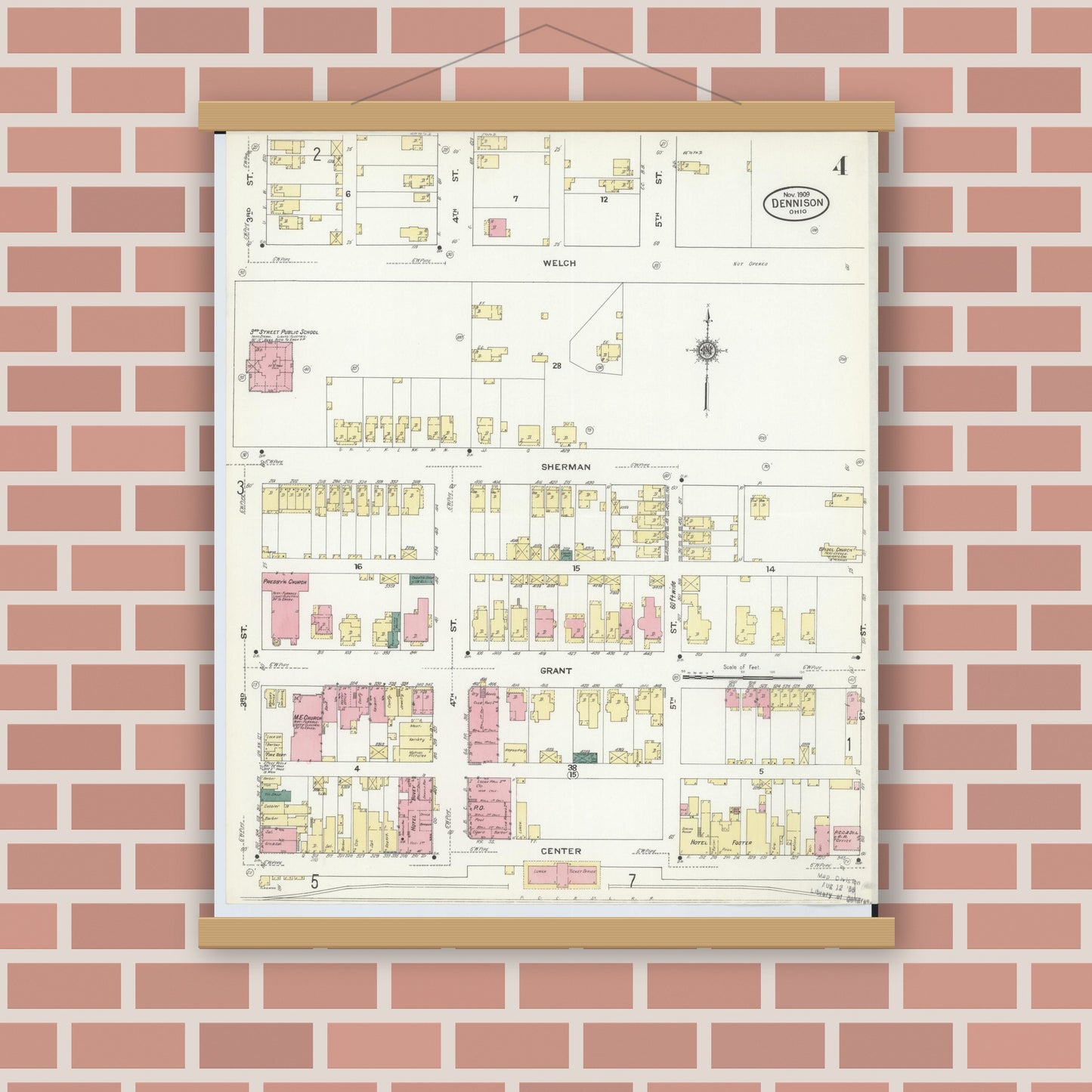 Old map wall art mockup — magnetic wood frame on brick wall — Sanborn Fire Insurance Map from Dennison, Tuscarawas County, Ohio (1909), Sheet #0004