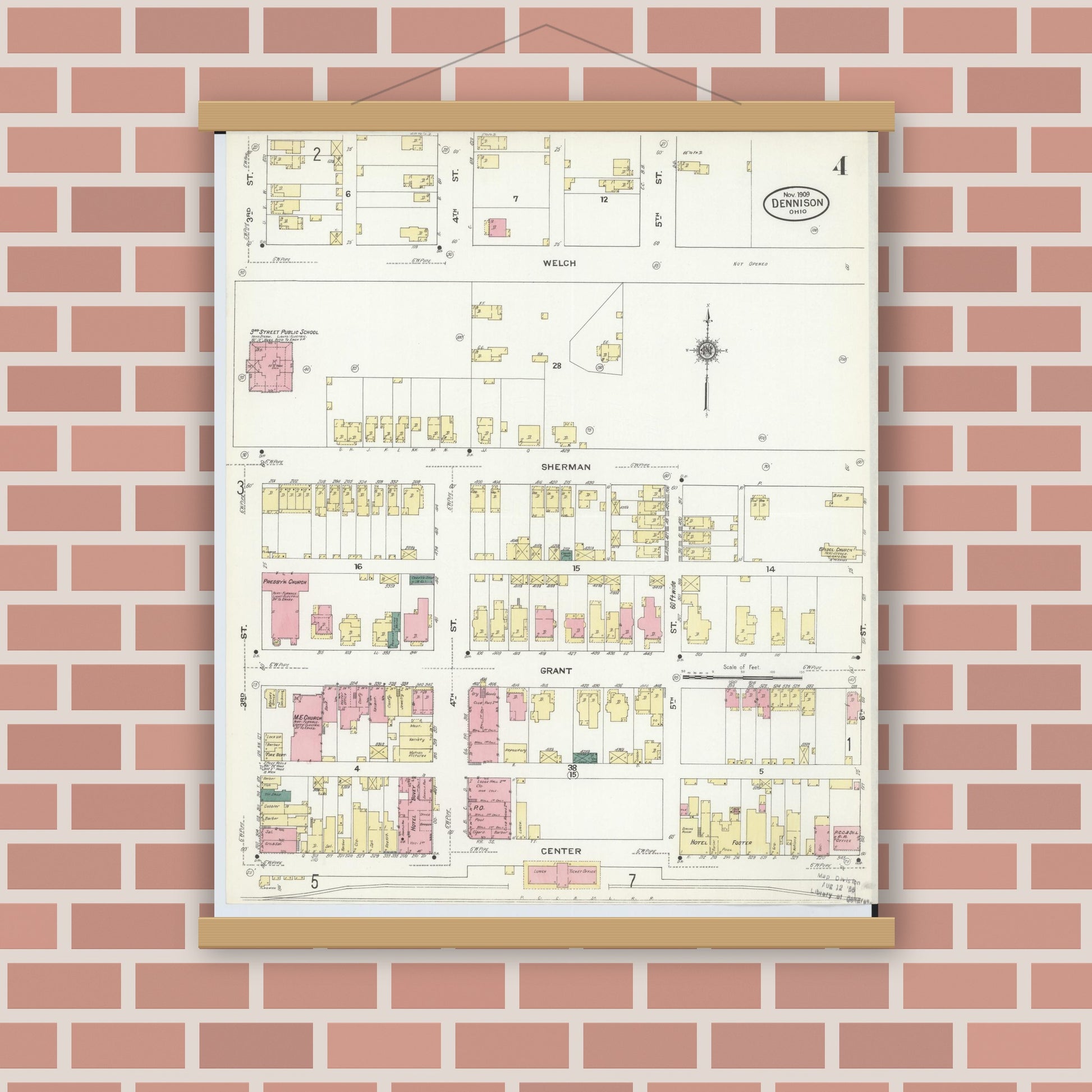 Old map wall art mockup — magnetic wood frame on brick wall — Sanborn Fire Insurance Map from Dennison, Tuscarawas County, Ohio (1909), Sheet #0004