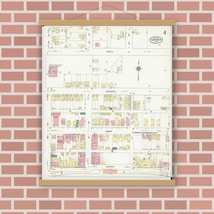 Old map wall art mockup — magnetic wood frame on brick wall — Sanborn Fire Insurance Map from Dennison, Tuscarawas County, Ohio (1909), Sheet #0004