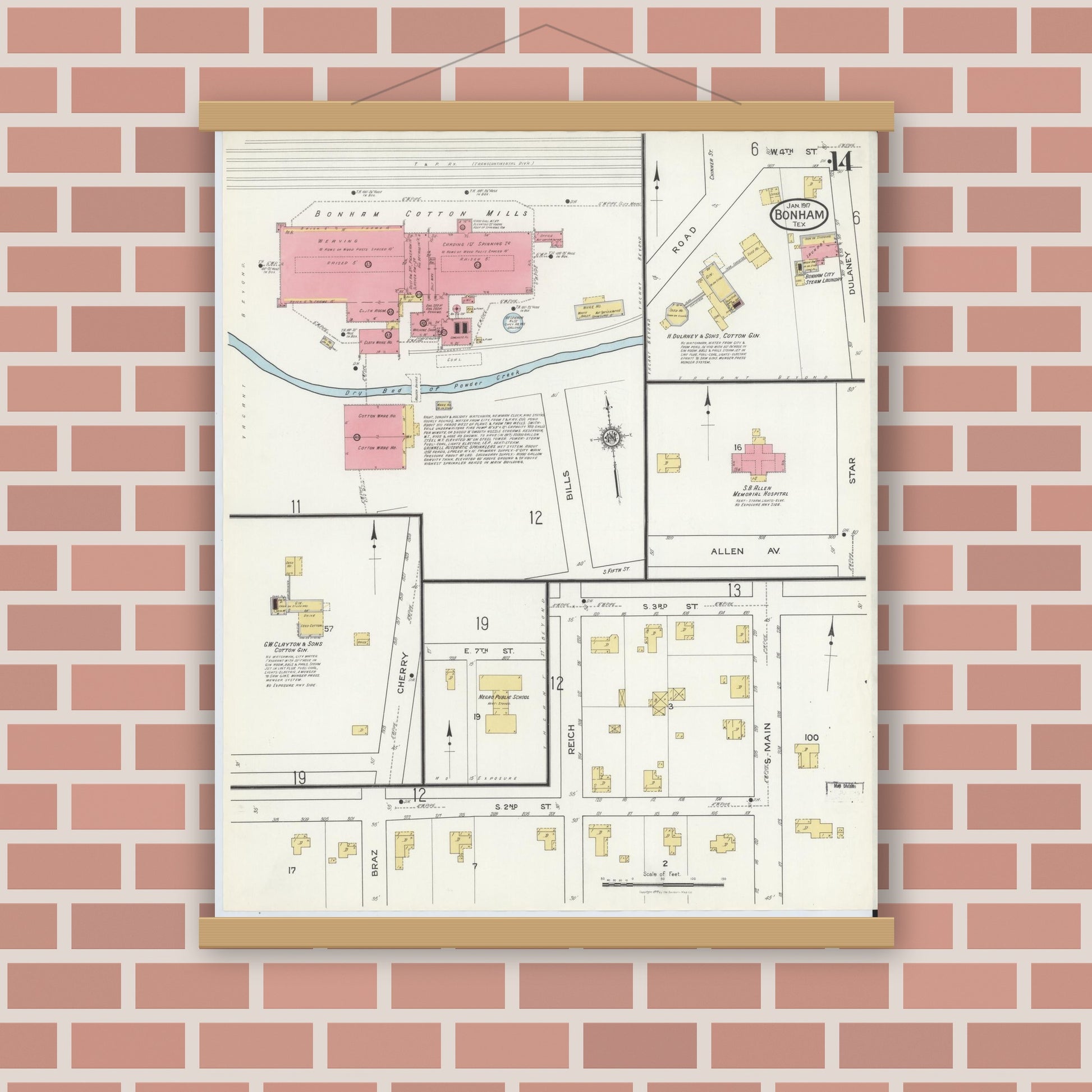 Old map wall art mockup — magnetic wood frame on brick wall — Sanborn Fire Insurance Map from Bonham, Fannin County, Texas (1917), Sheet #0014