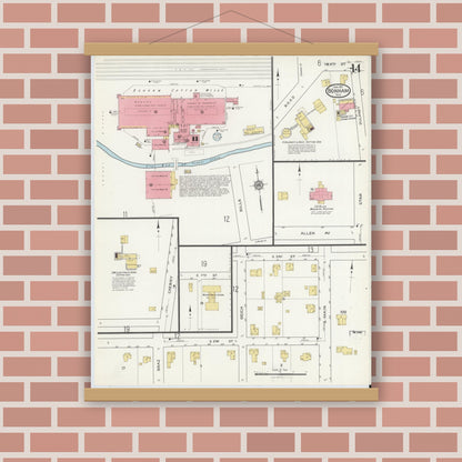 Old map wall art mockup — magnetic wood frame on brick wall — Sanborn Fire Insurance Map from Bonham, Fannin County, Texas (1917), Sheet #0014