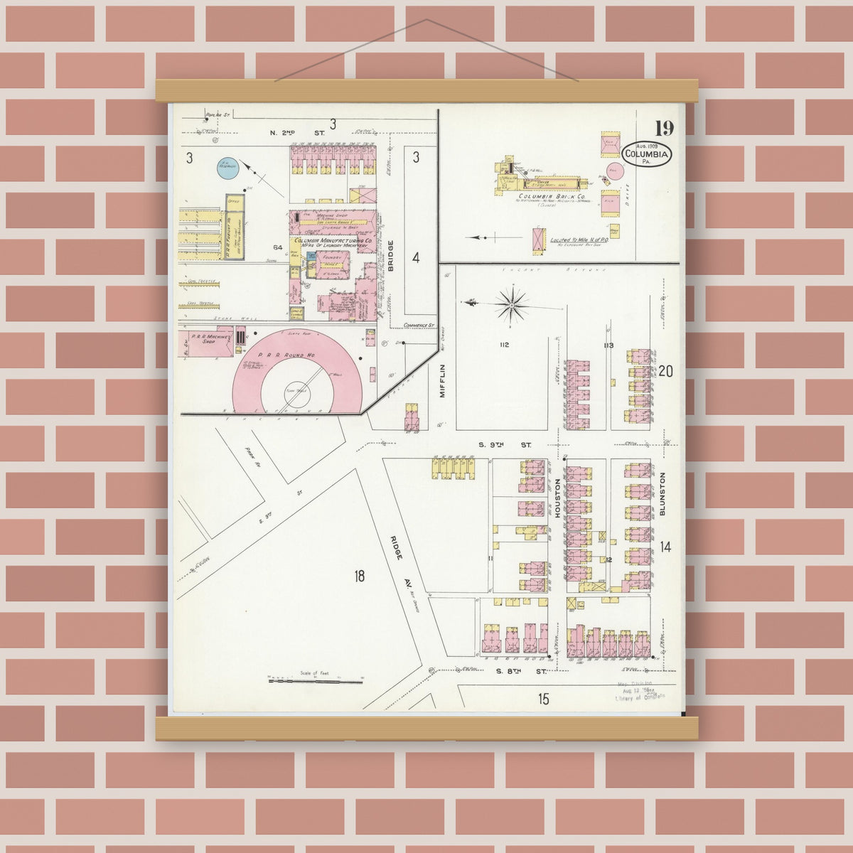 Old map wall art mockup — magnetic wood frame on brick wall — Sanborn Fire Insurance Map from Columbia, Lancaster County, Pennsylvania (1909), Sheet #0019