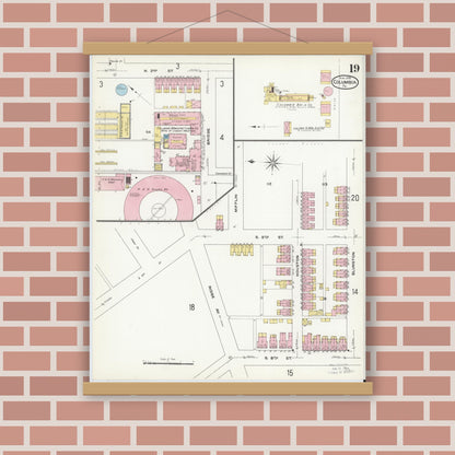 Old map wall art mockup — magnetic wood frame on brick wall — Sanborn Fire Insurance Map from Columbia, Lancaster County, Pennsylvania (1909), Sheet #0019
