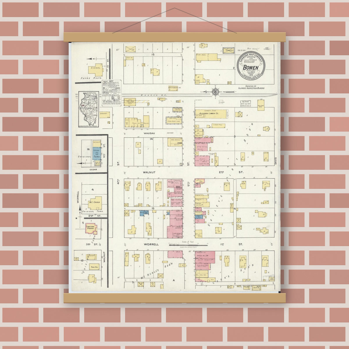 Old map wall art mockup — magnetic wood frame on brick wall — Sanborn Fire Insurance Map from Bowen, Hancock County, Illinois (1919), Sheet #0001