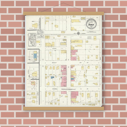 Old map wall art mockup — magnetic wood frame on brick wall — Sanborn Fire Insurance Map from Bowen, Hancock County, Illinois (1919), Sheet #0001
