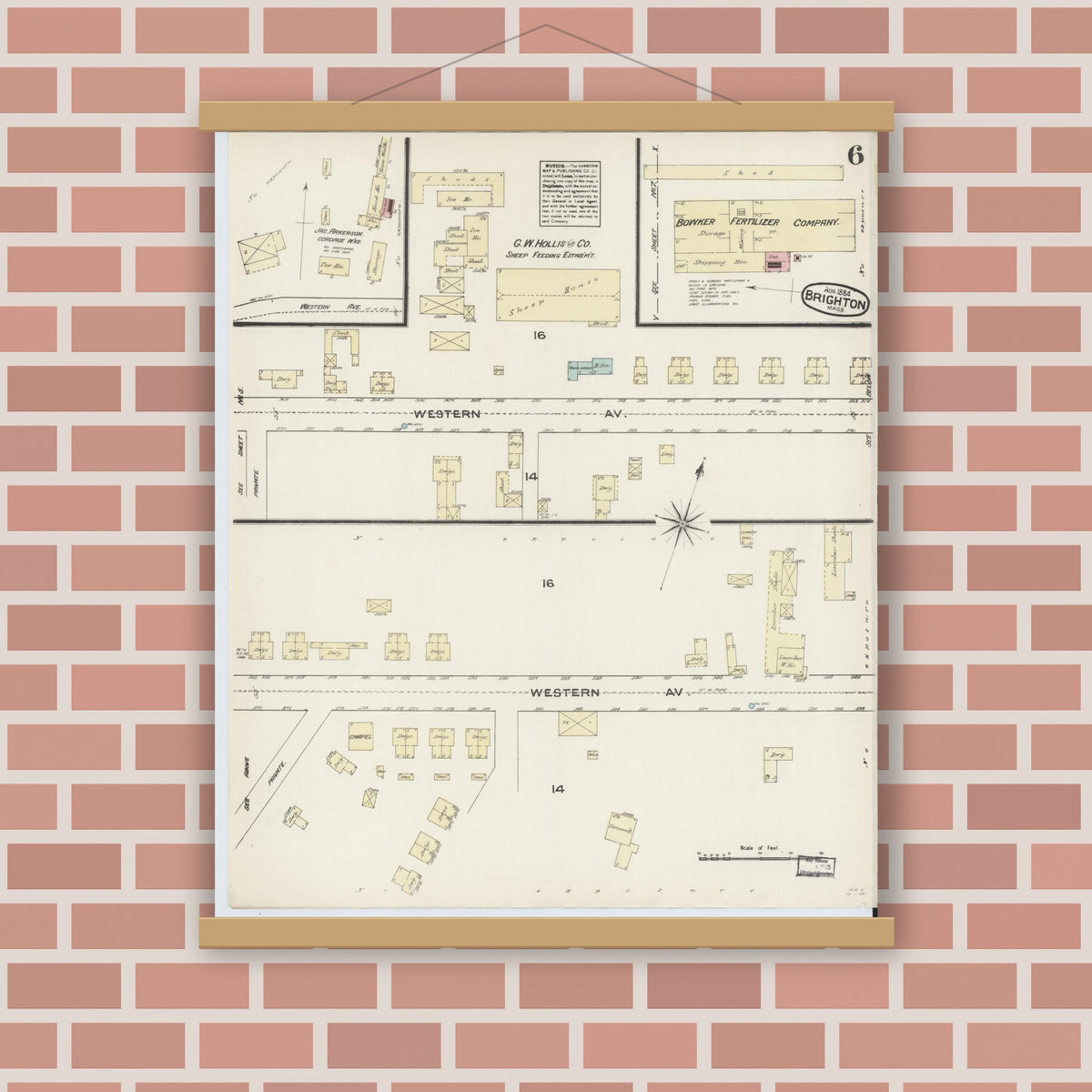 Old map wall art mockup — magnetic wood frame on brick wall — Sanborn Fire Insurance Map from Brighton, Suffolk County, Massachusetts (1884), Sheet #0006