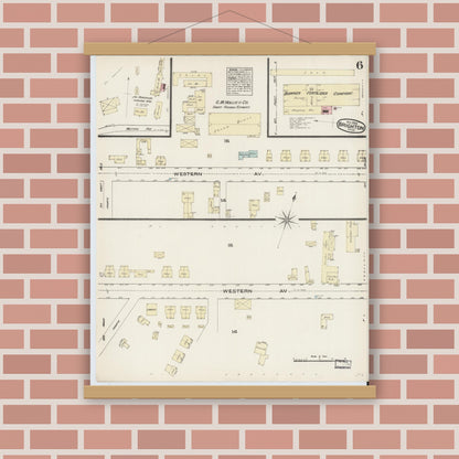 Old map wall art mockup — magnetic wood frame on brick wall — Sanborn Fire Insurance Map from Brighton, Suffolk County, Massachusetts (1884), Sheet #0006